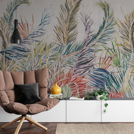 Tapeta winylowa struktura płótna liście tropikalne kolorowa - FLORAL fun