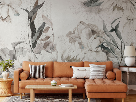 Tapeta winylowa struktura płótna liście lilie beżowa zielona - MORNING MEADOW decor