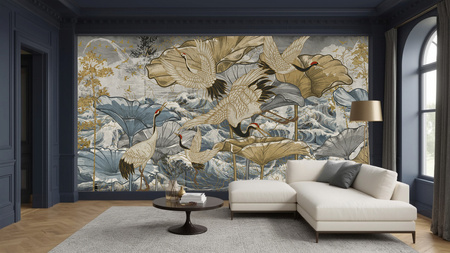 Tapeta winylowa struktura płótna żurawie orientalna kolorowa - NANAMI dark