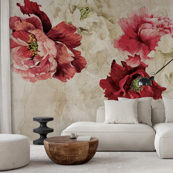 Tapeta winylowa struktura płótna kwiaty peonie czerwona - MEMORY LANE red (pure)