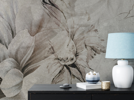 Tapeta winylowa struktura płótna kwiaty peonie rybki beżowa - NAYLA beige (underwater)