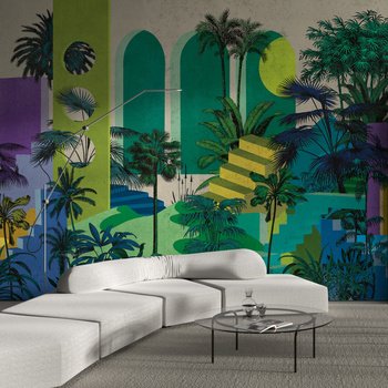 Tapeta winylowa struktura płótna tropikalna architektura kolorowa - OASIS blue