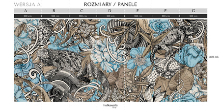 Tapeta winylowa struktura płótna kwiaty graffiti kolorowa - SAUROS blue (lizard)